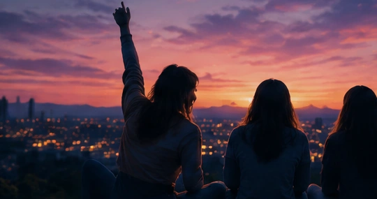 Students watching a sunset together above the city